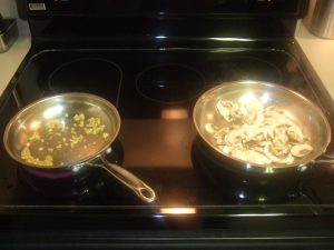 Pan 1-Saute Garlic Pan 2-Saute Mushrooms