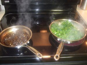 Pan 1: Deglaze with Balsamic Vinegar Pan 2: Add Chopped Spinach